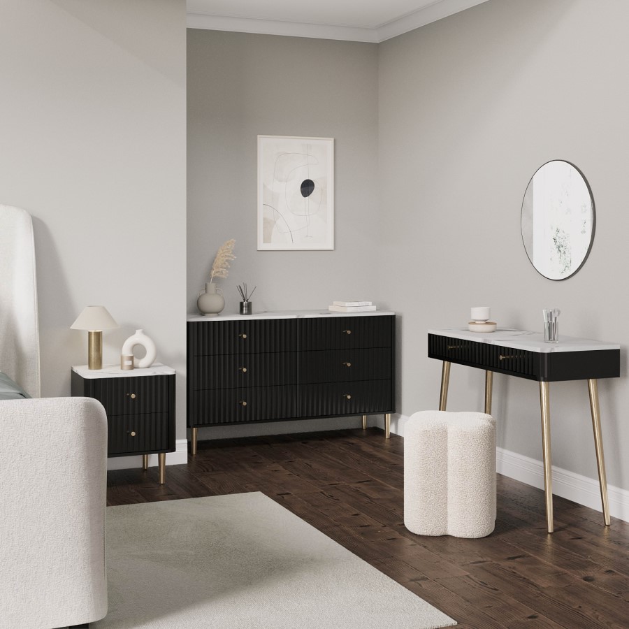 ONLY OPENED - Wide Black Marble Top Fluted Chest Of 6 Drawers - Lucia