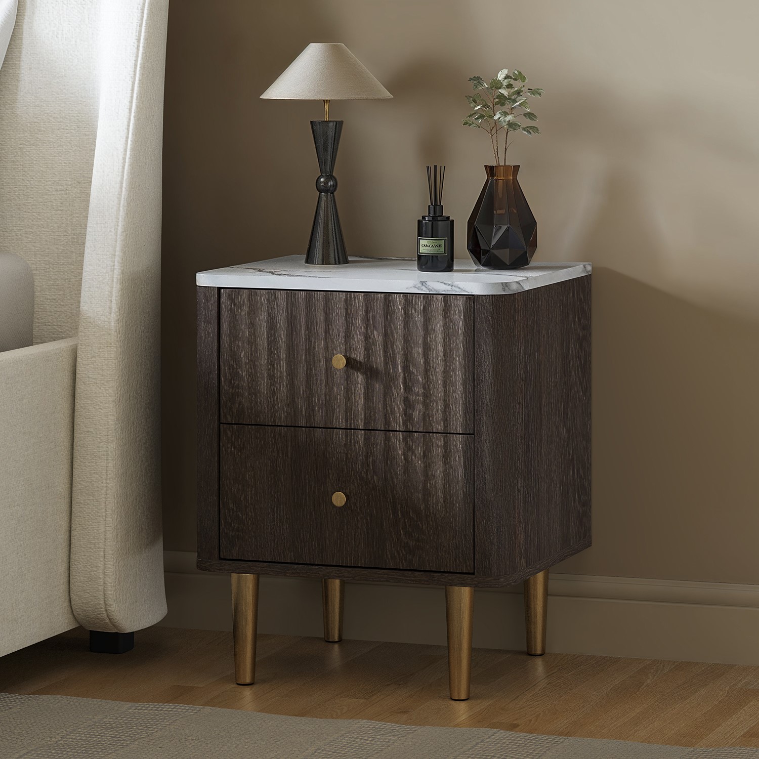 Bedside Table Panel Dark Wood 2-Drawer Marble Top Fluted Bedside Table - Lucia - Furniture123
