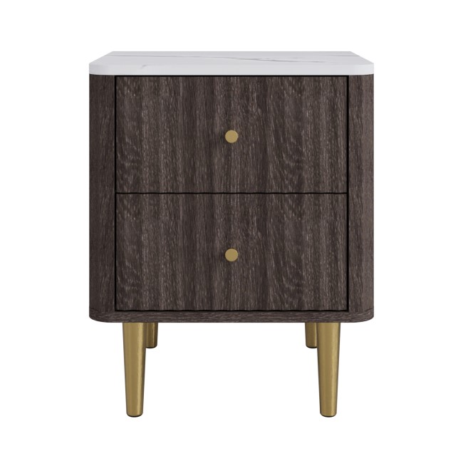 ONLY OPENED - Dark Wood 2-Drawer Marble Top Fluted Bedside Table - Lucia