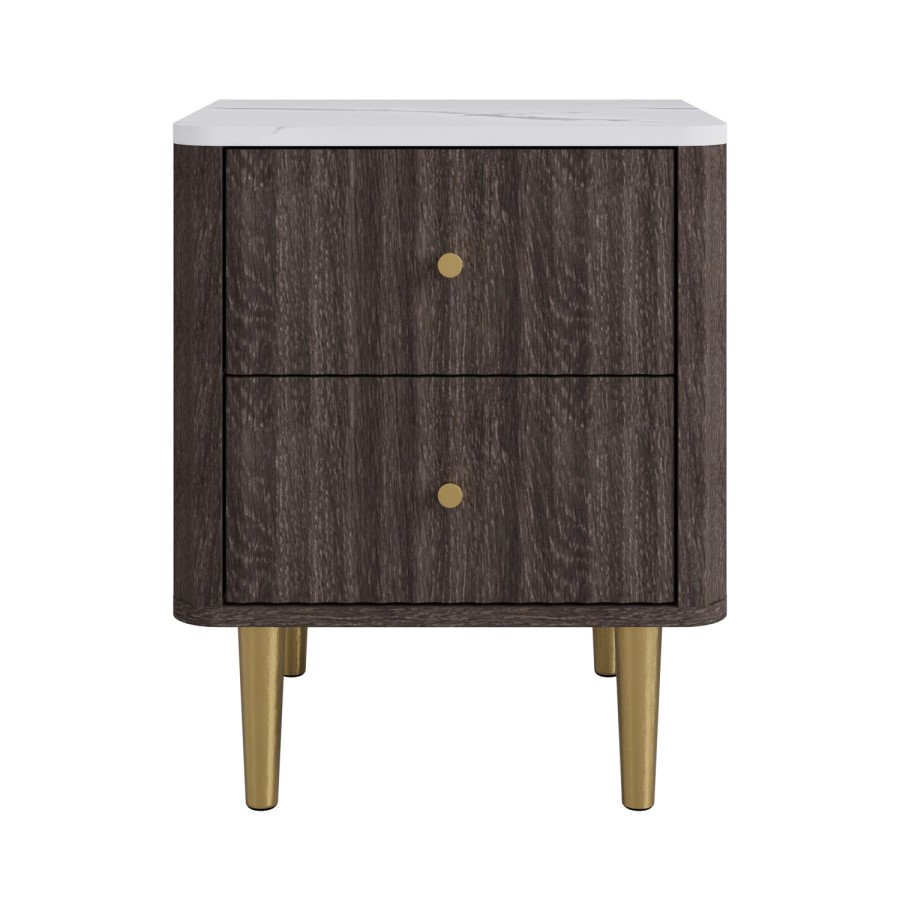 ALMOST PERFECT - Dark Wood 2-Drawer Marble Top Fluted Bedside Table - Lucia