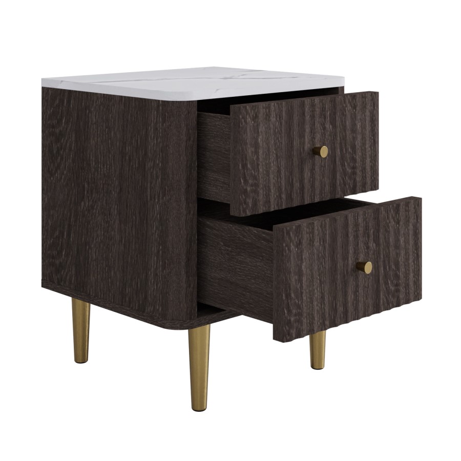 ALMOST PERFECT - Dark Wood 2-Drawer Marble Top Fluted Bedside Table - Lucia