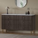 A1/LUU008 ONLY OPENED - Wide Dark Wood Marble Top Fluted Chest of 6 Drawers - Lucia 