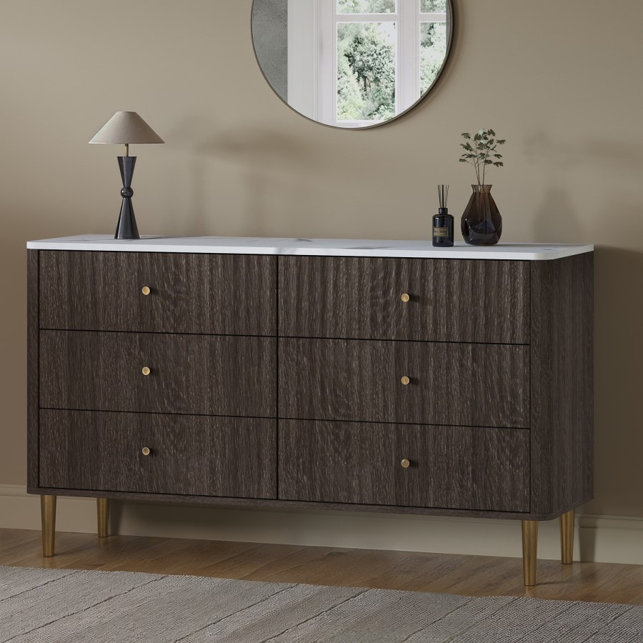 ONLY OPENED - Wide Dark Wood Marble Top Fluted Chest of 6 Drawers - Lucia