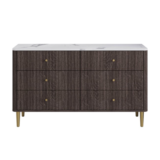 Wide Dark Wood Marble Top Fluted Chest of 6 Drawers - Lucia 