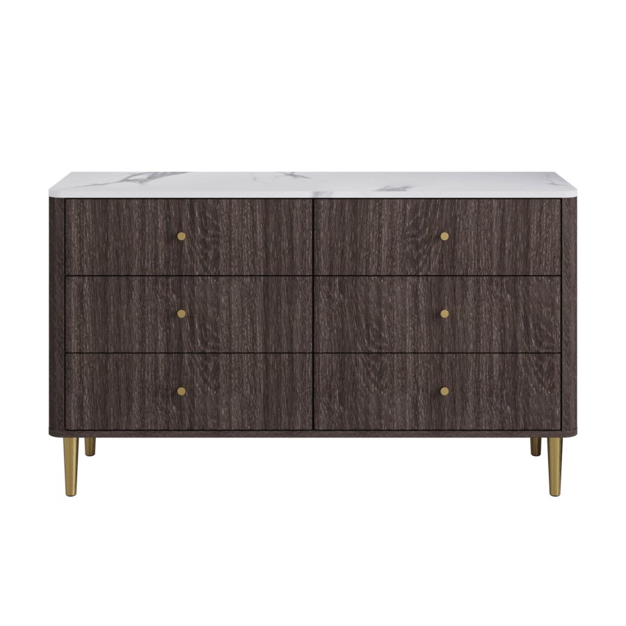 ONLY OPENED - Wide Dark Wood Marble Top Fluted Chest of 6 Drawers - Lucia