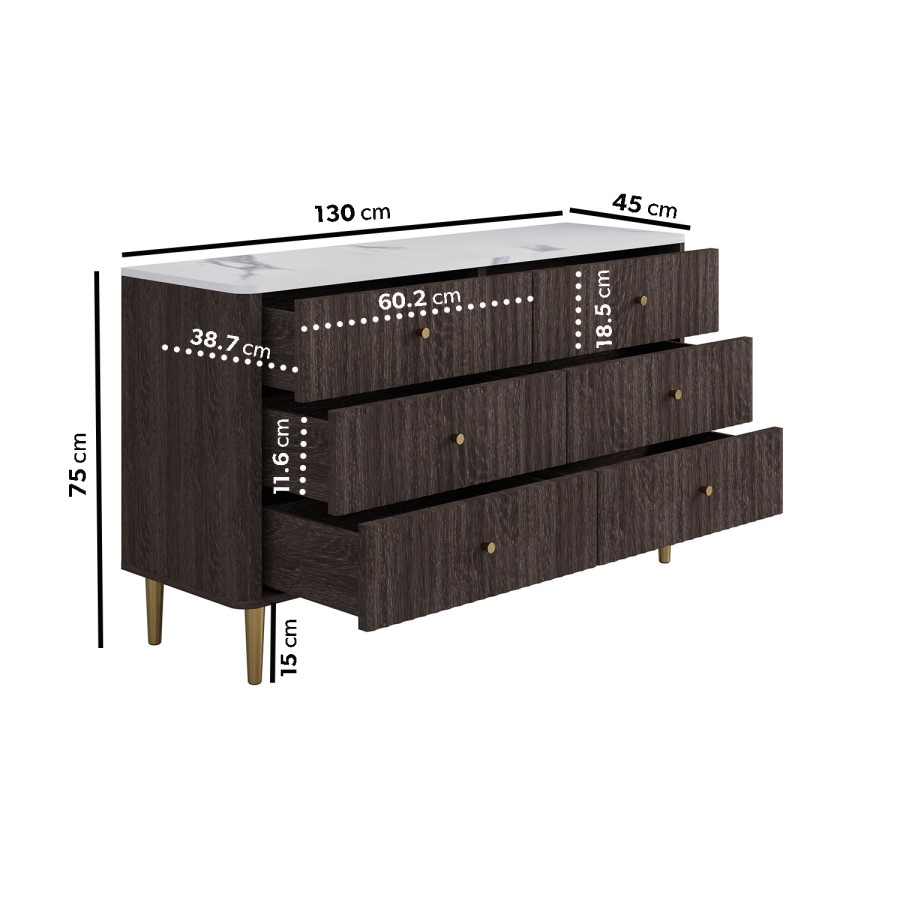 ONLY OPENED - Wide Dark Wood Marble Top Fluted Chest of 6 Drawers - Lucia