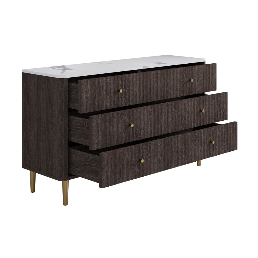ONLY OPENED - Wide Dark Wood Marble Top Fluted Chest of 6 Drawers - Lucia