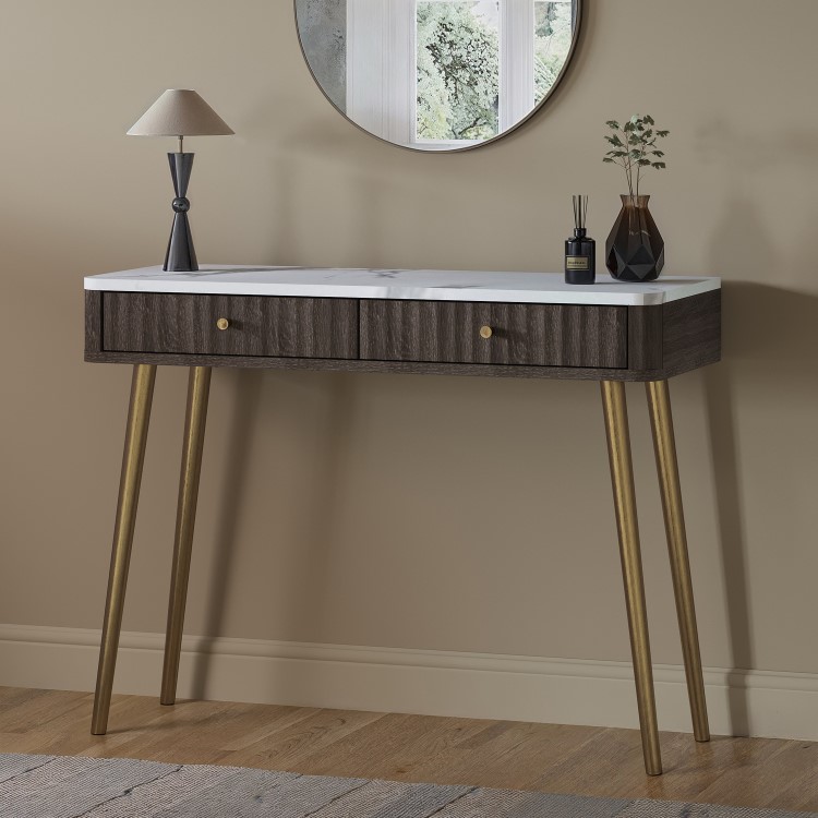 Dark Wood Marble Top Fluted Dressing Table with Drawers - Lucia