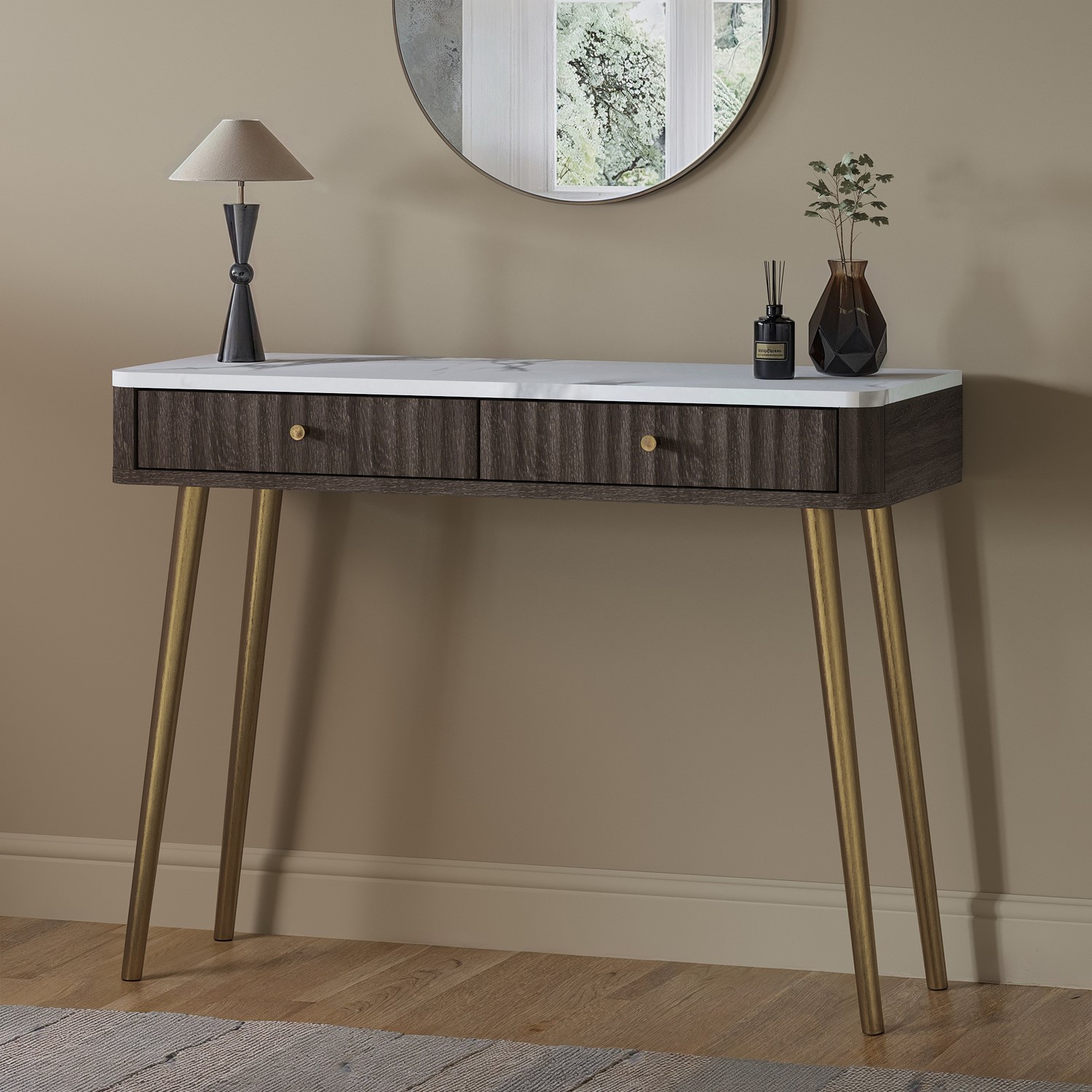 Drawer Mable Table Dark Wood Marble Effect Top Fluted Dressing Table with Drawers - Lucia ...