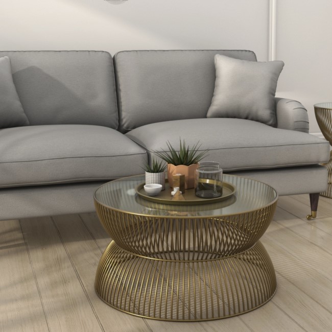 Gold Round Basket Coffee Table with Glass Top - Lux