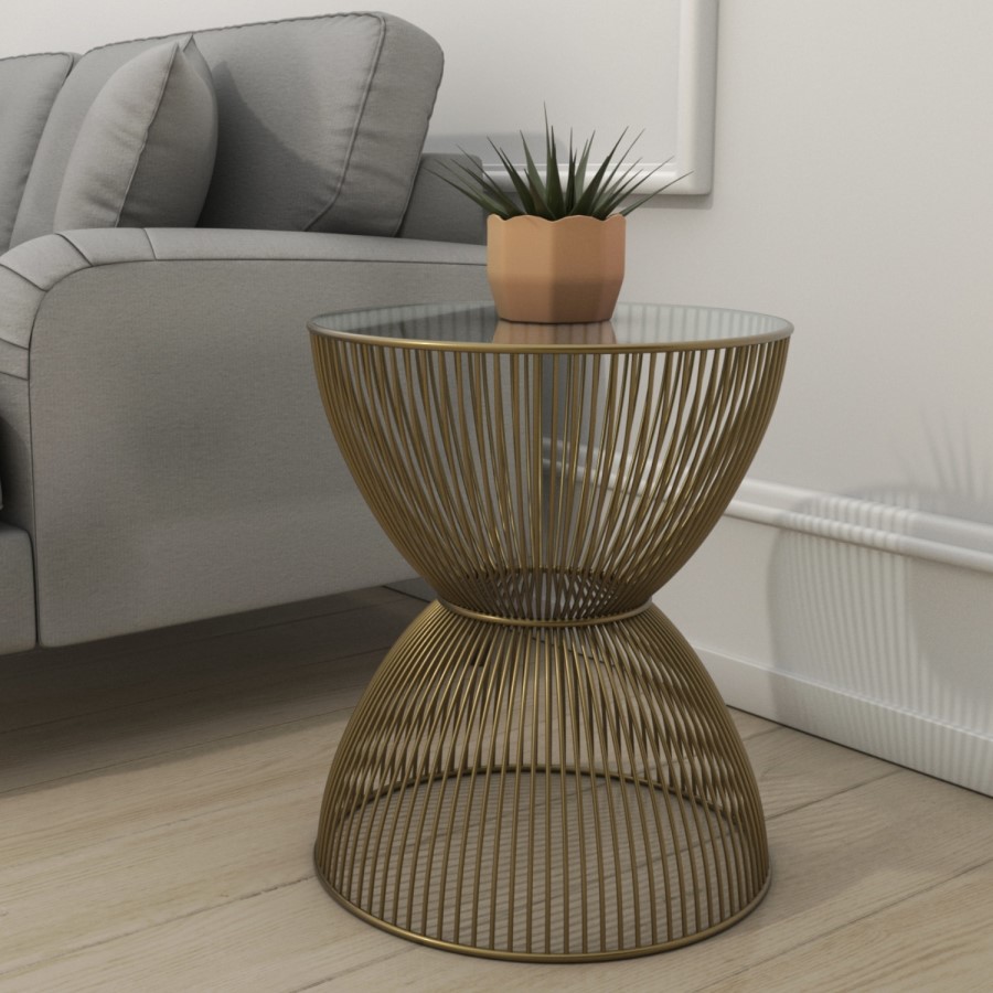 Gold Round Basket Side Table with Glass Top - Lux