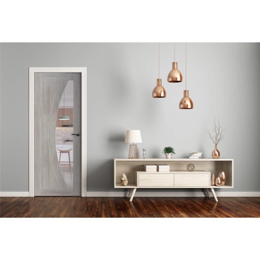 Internal Laminate White Grey Salerno with Clear Glass - Pre-Finished, 2040 x 826 x 40 mm
