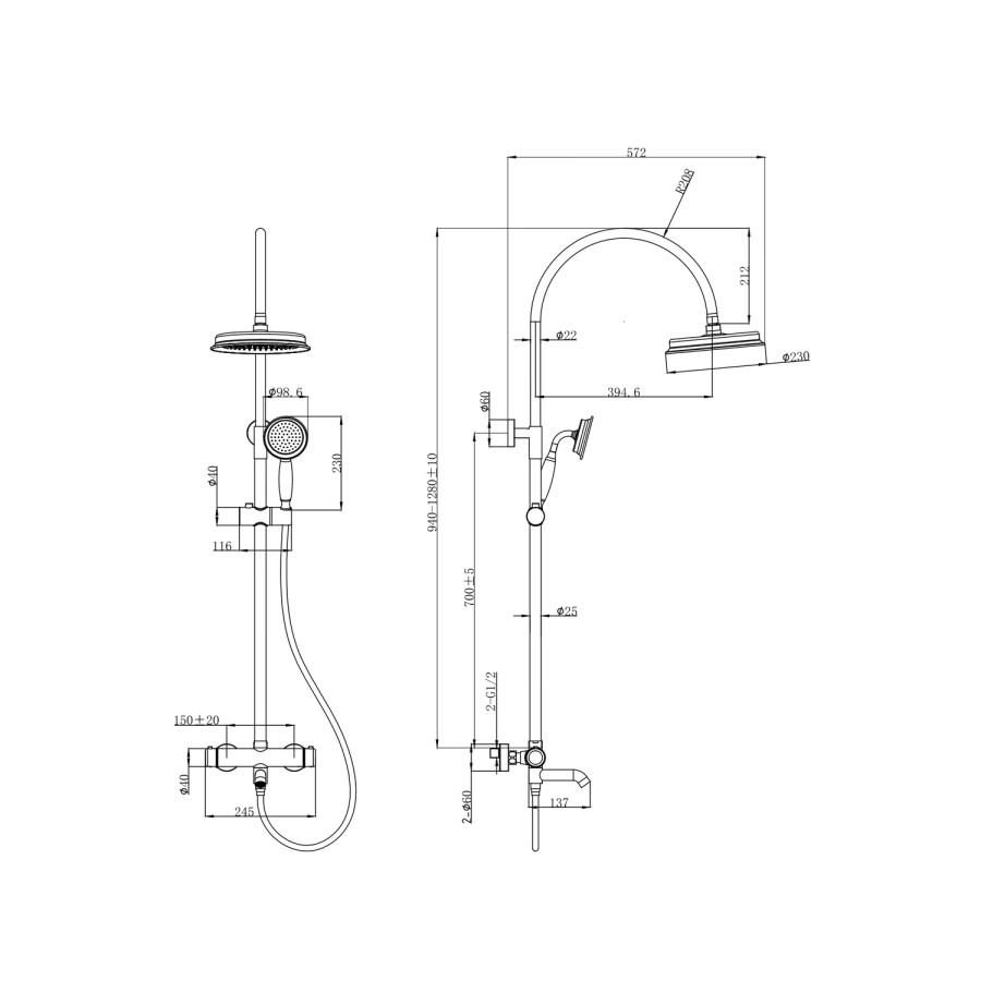 Brushed Brass Thermostatic Traditional Mixer Shower Set with Bath Filler Spout - Lyla