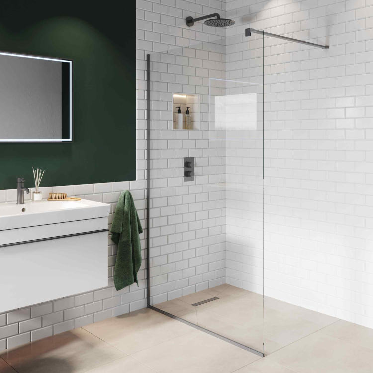 Wet Room Shower Screen 800mm Gunmetal Grey Frameless with Wall Support Bar - Live Your Colour