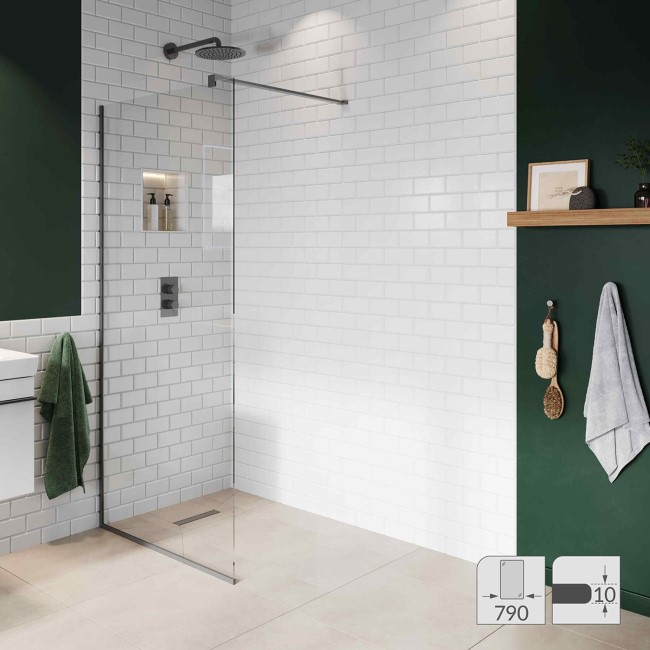 Wet Room Shower Screen 800mm Gunmetal Grey Frameless with Wall Support Bar - Live Your Colour