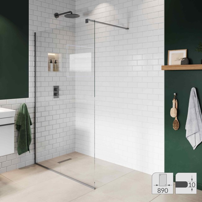 Wet Room Shower Screen 900mm Gunmetal Grey Frameless with Wall Support Bar - Live Your Colour