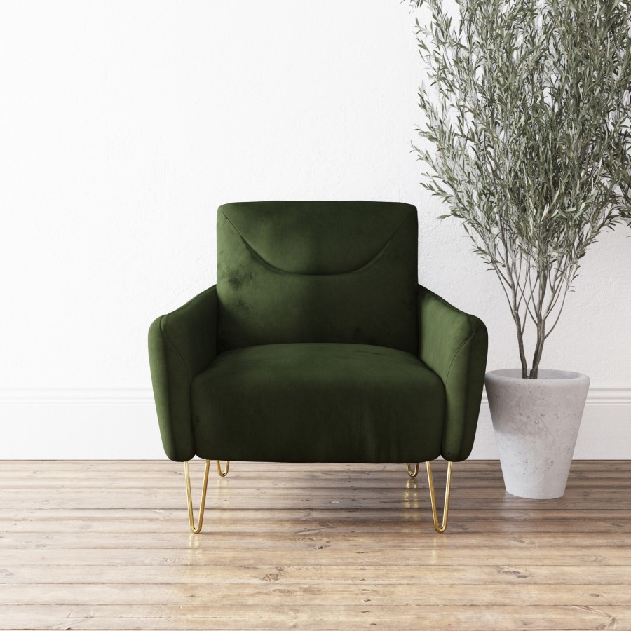 GRADE A2 - Green Velvet Armchair with Gold Hairpin Legs - Lyle