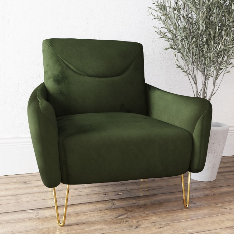 Green Velvet Armchair with Gold Hairpin Legs - Lyle