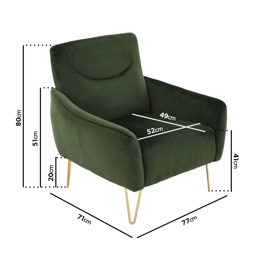 GRADE A2 - Green Velvet Armchair with Gold Hairpin Legs - Lyle