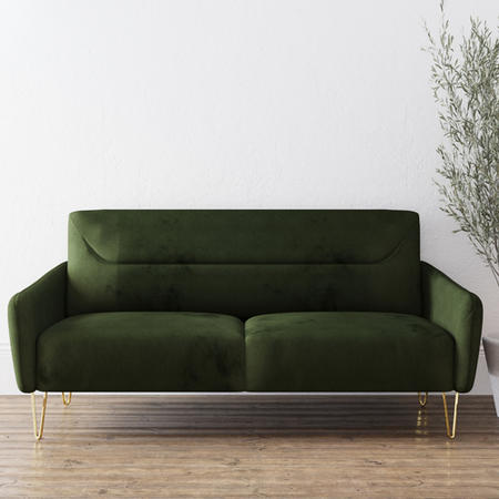 GRADE A1 - Green Velvet Two Seater Sofa with Gold Hairpin Legs - Lyle