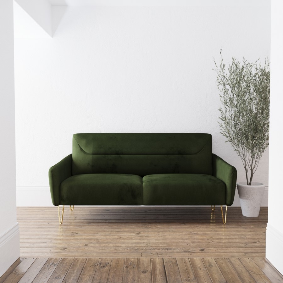 GRADE A1 - Green Velvet Two Seater Sofa with Gold Hairpin Legs - Lyle