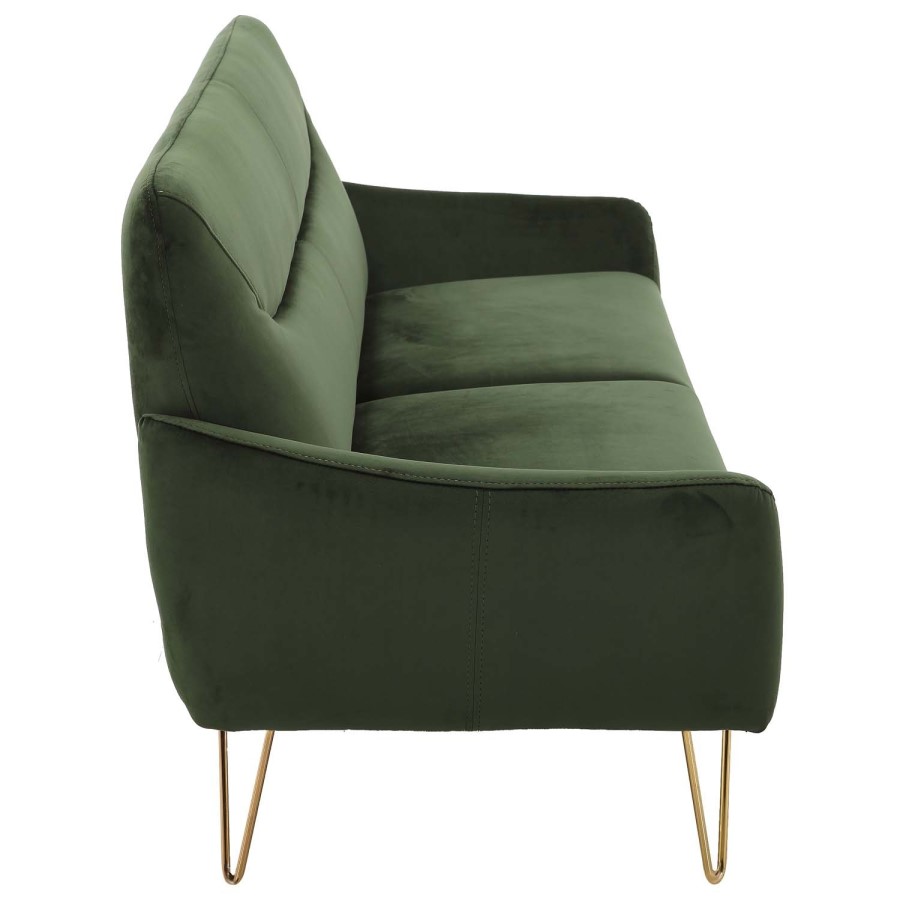 GRADE A1 - Green Velvet Two Seater Sofa with Gold Hairpin Legs - Lyle