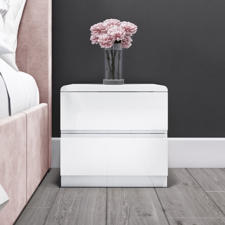 GRADE A1 - White Gloss 2 Drawer Bedside Table - Lyra