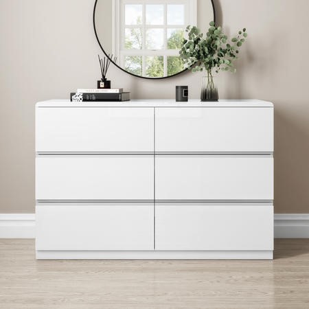 Wide White High Gloss Chest of 6 Drawers Lyra Furniture123