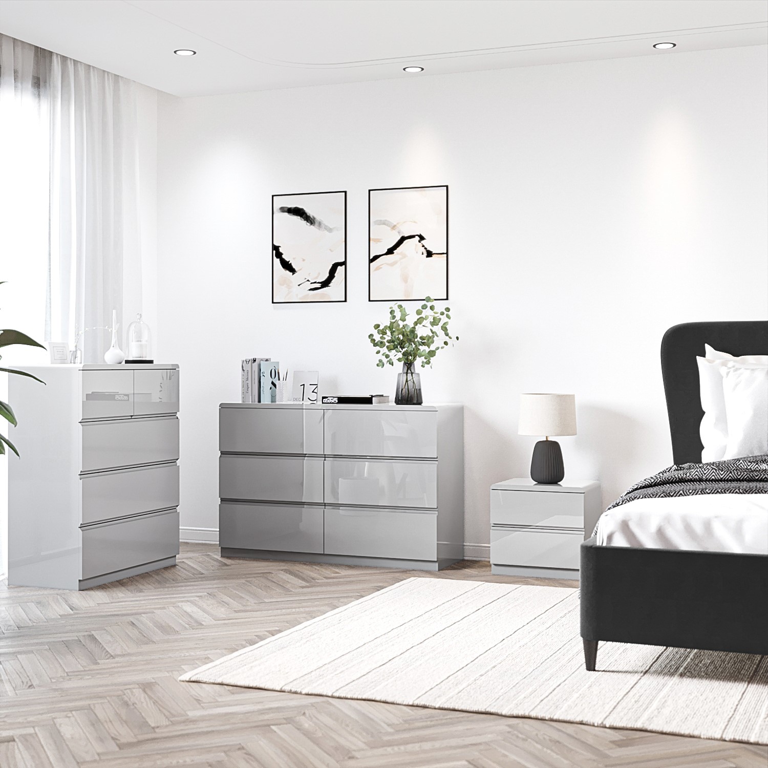 Wide Grey High Gloss Chest of 6 Drawers - Lyra - Furniture123