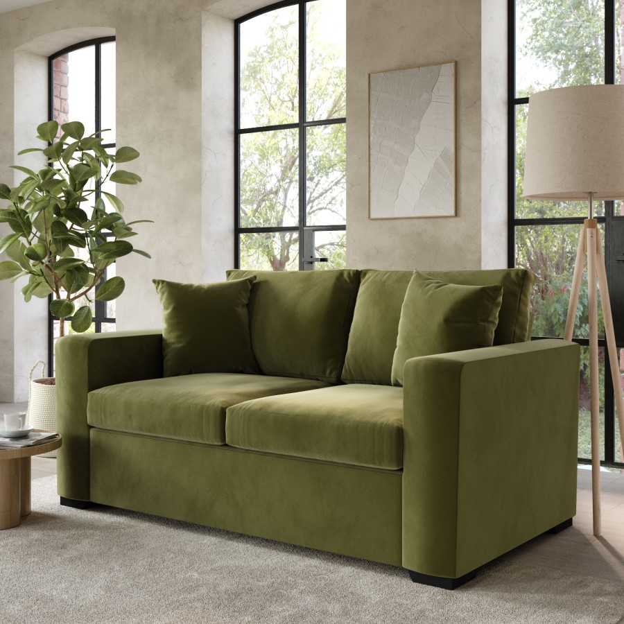 GRADE A2 - Olive Green Velvet Pull Out Sofa Bed - Seats 2 - Layton