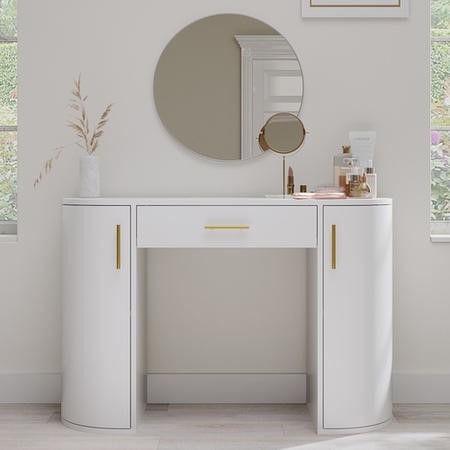 White and Gold Large Dressing Table with Storage Drawer and Shelves ...