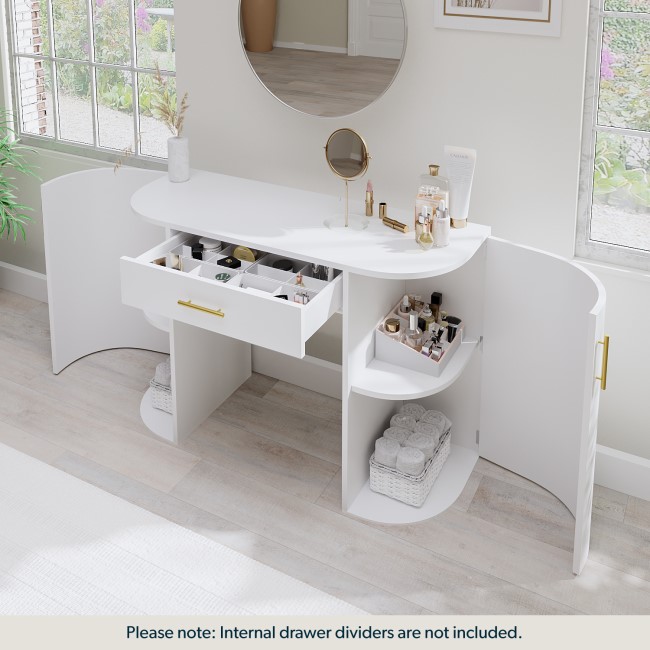 White and Gold Large Dressing Table with Storage Drawer and Shelves - Lily