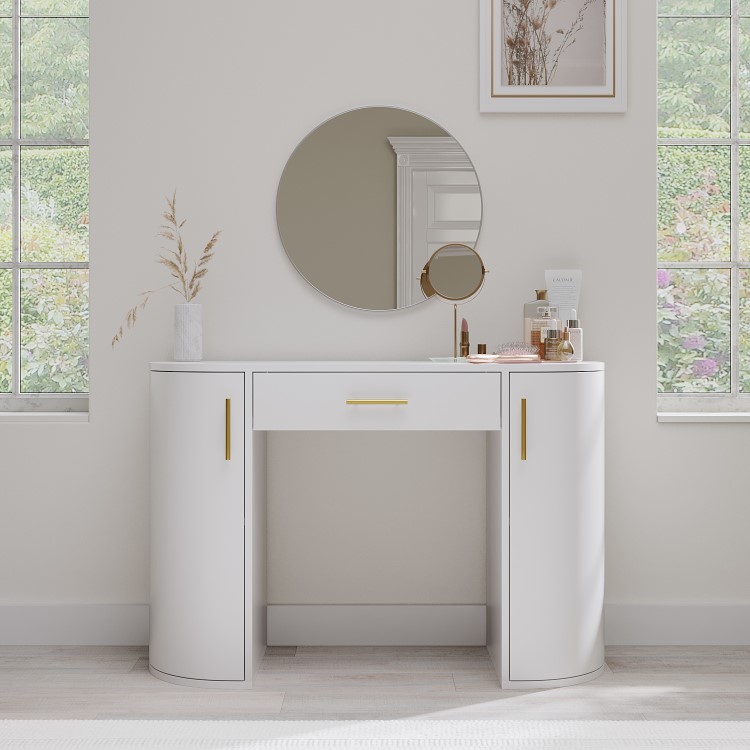 White and Gold Large Dressing Table with Storage Drawer and Shelves - Lily