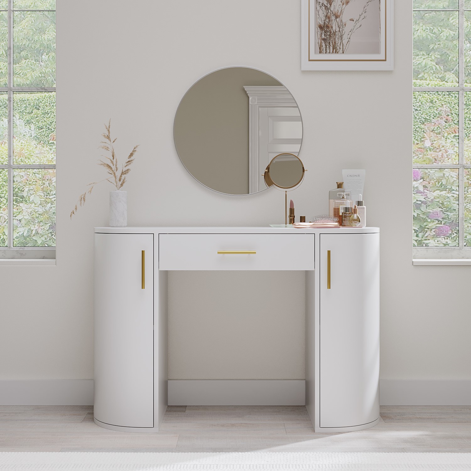 White and Gold Large Dressing Table with Storage Drawer and Shelves ...