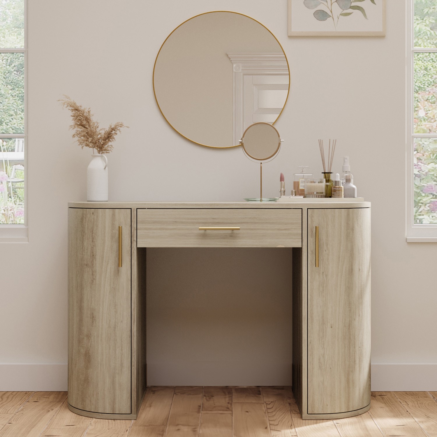 Light Wood Large Dressing Table with Storage Drawer and Shelves - Lily ...