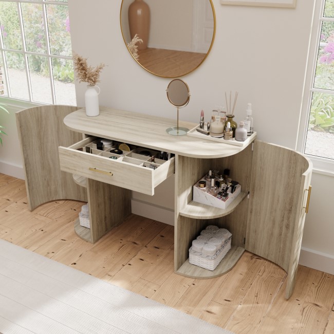 ONLY OPENED - Light Wood Large Dressing Table with Storage Drawer and Shelves - Lily