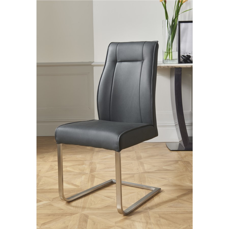Luciana Grey Leather Pair of Dining Chairs with Metal Base