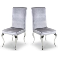 GRADE A1 - Louis Pair of Silver Velvet Dining Chairs with Mirrored Legs- By Vida Living GRADE A1 - Louis Pair of Silver Velvet Dining Chairs with Mirrored Legs- By Vida Living