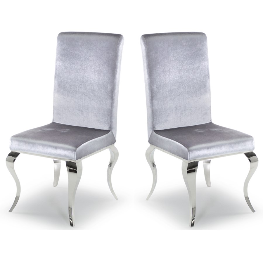 GRADE A1 - Louis Pair of Silver Velvet Dining Chairs with Mirrored Legs- By Vida Living