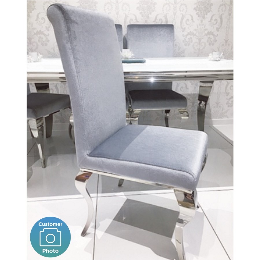 GRADE A1 - Louis Pair of Silver Velvet Dining Chairs with Mirrored Legs- By Vida Living