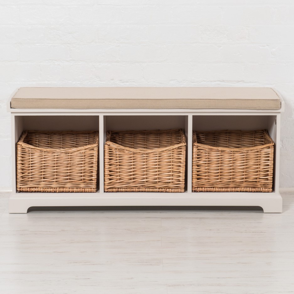 Newport White Hallway Storage Bench with 3 Shoe Storage Wicker Baskets