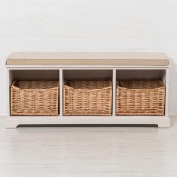 Newport White Hallway Storage Bench with 3 Shoe Storage Wicker Baskets & Cushion