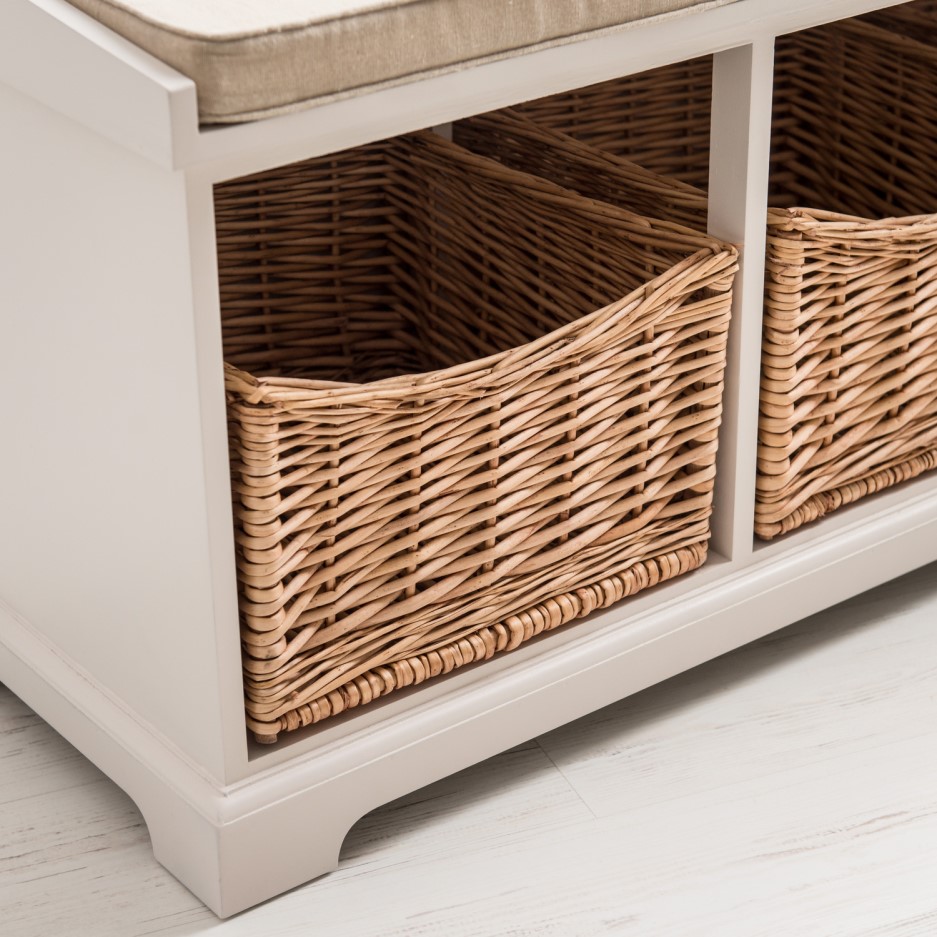 Hall Storage Bench With Wicker Baskets Newport White Hallway Storage Bench with 3 Shoe Storage Wicker Baskets