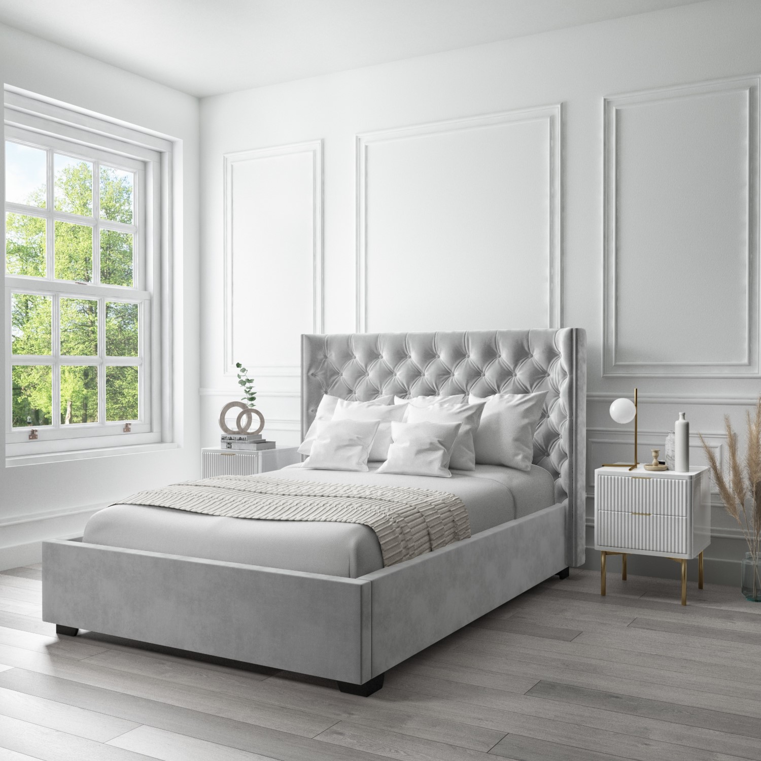 Light Grey Velvet Double Ottoman Bed with Curved Headboard - Milania ...
