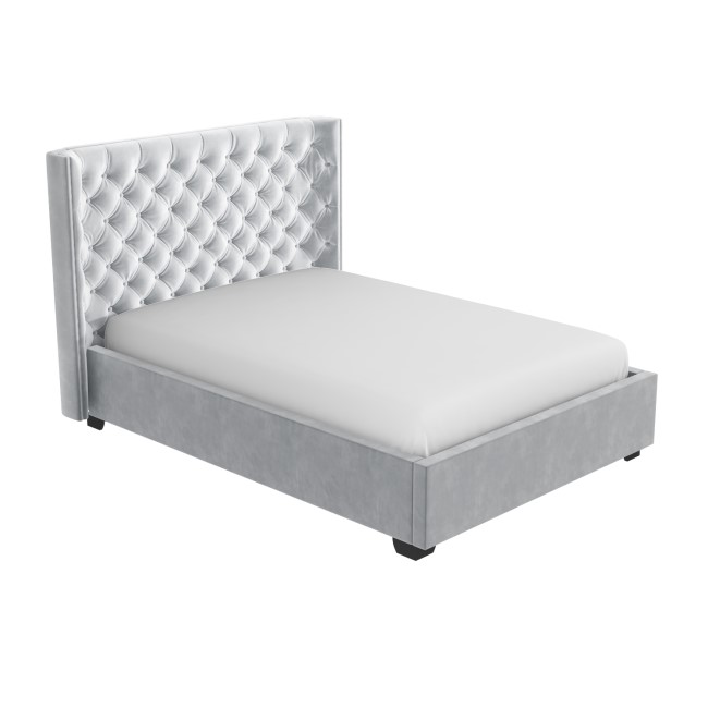 Light Grey Velvet Double Ottoman Bed with Curved Headboard - Milania