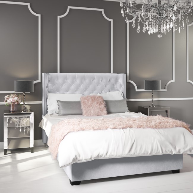 GRADE A2 - Milania Double Ottoman Bed in Silver Grey Velvet with Curved Headboard