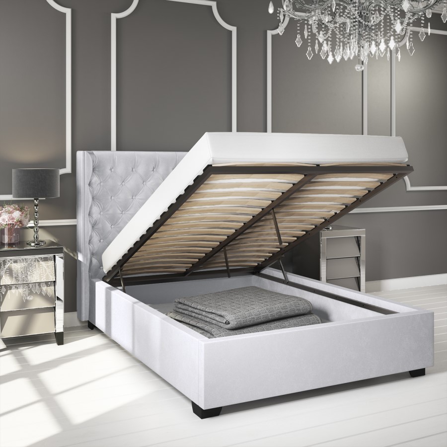 GRADE A2 - Milania Double Ottoman Bed in Silver Grey Velvet with Curved Headboard
