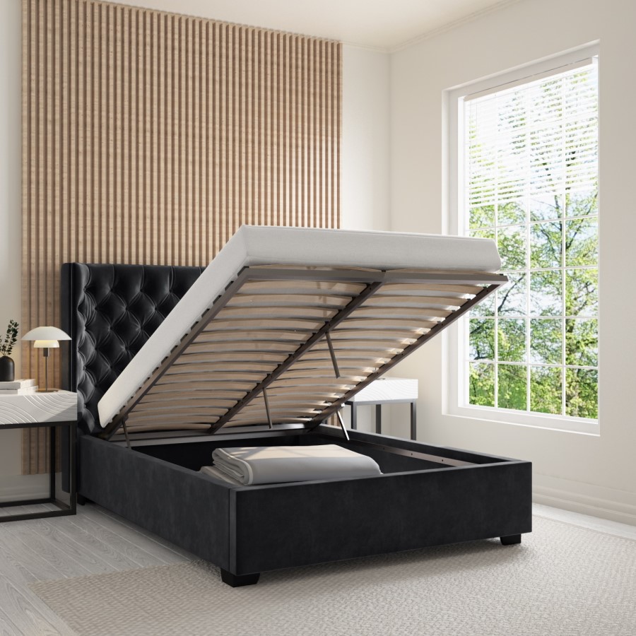 Dark Grey Velvet Double Ottoman Bed with Curved Headboard - Milania