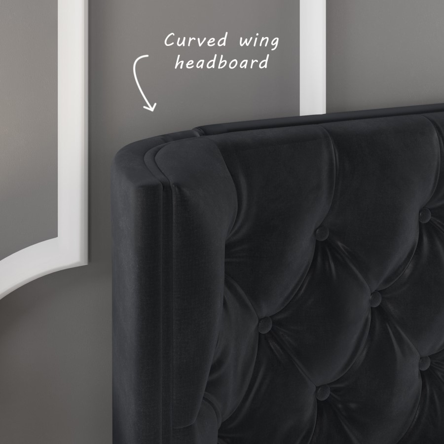 Dark Grey Velvet Double Ottoman Bed with Curved Headboard - Milania