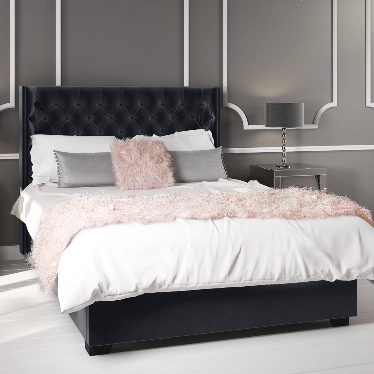 GRADE A1 Milania King Size Ottoman Bed in Dark Grey Velvet with